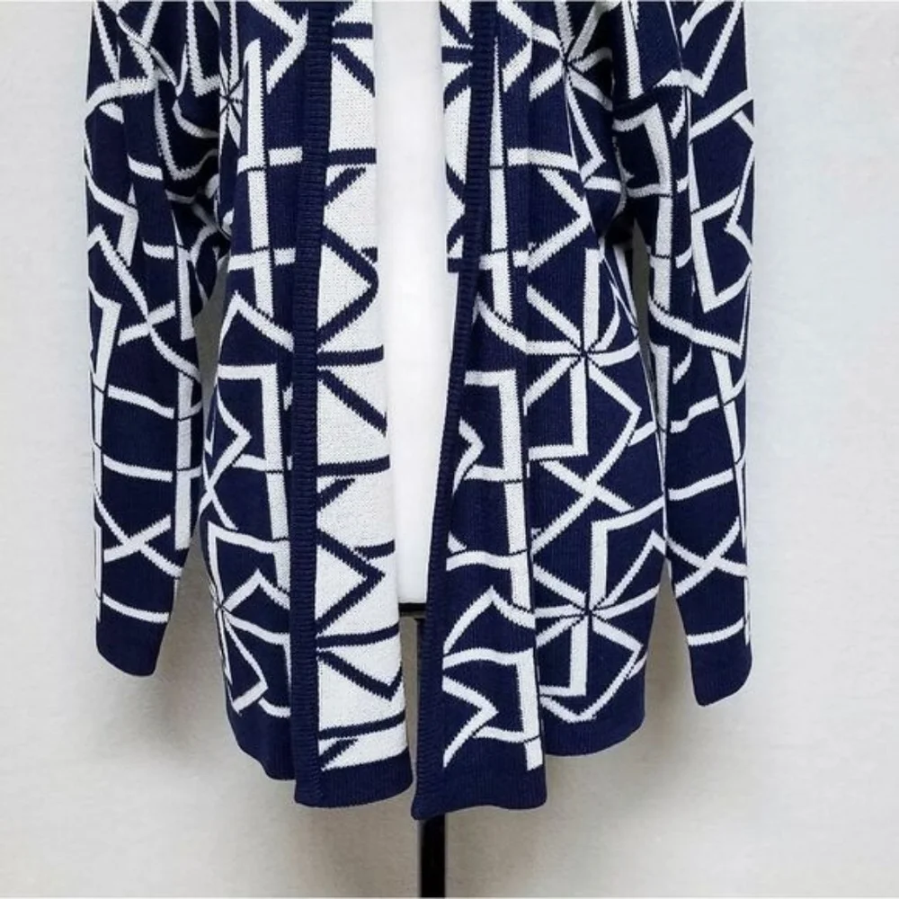 60s Vintage Dalton Blue White Geometric Print Union ILGWU Open Front Cardigan M